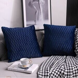 NWT DEZENE Navy Velvet Wavy Texture Striped Throw Pillow Cases 2 Pack 17.5x17.5”